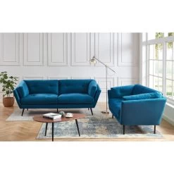 Lot De Canapés THELMA En Velours Bleu Fixe -Meuble Déco Soldes canape thelma 32 velours bleu lot canapes 3places 2places 2