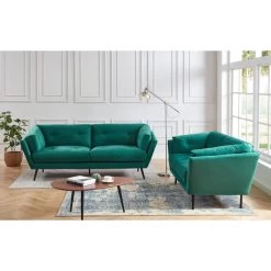 Lot De Canapés THELMA En Velous Vert Fixe -Meuble Déco Soldes canape thelma 32 velours vert lot canapes 3places 2places 2