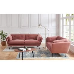 Lot De Canapés THELMA En Velours Vieux Rose Fixe -Meuble Déco Soldes canape thelma 32 velours vieux rose lot canapes 3places 2places 2