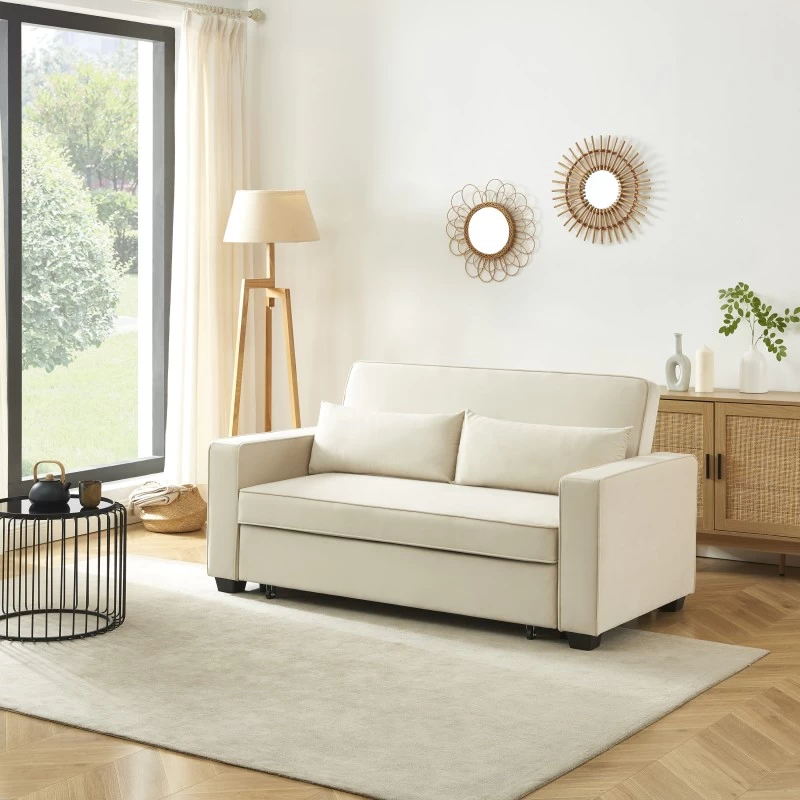 Canapé Droit LENA Convertible Velours Beige 3 Places 1 Canapé Droit LENA Convertible Velours Beige 3 Places