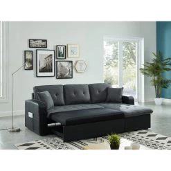 Canapé D'angle CANVAS Tissu Gris PU Noir Avec Coffre Convertible 4 Places -Meuble Déco Soldes canvasancvantnr canape 4pl 2