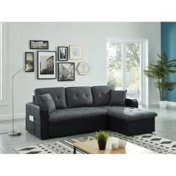 Canapé D'angle CANVAS Tissu Gris PU Noir Avec Coffre Convertible 4 Places -Meuble Déco Soldes canvasancvantnr canape 4pl 4