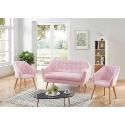 Ensemble HILDA En Tissu Rose 1 Canapé Et 2 Fauteuils