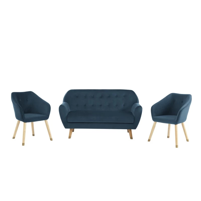 Ensemble HILDA En Velours Bleu Avec Piètement Bois Et Doré 1 Canapé Et 2 Fauteuils 2 Ensemble HILDA En Velours Bleu Avec Piètement Bois Et Doré 1 Canapé Et 2 Fauteuils – Image 2