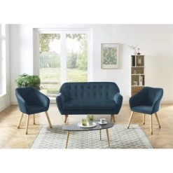 Ensemble HILDA En Velours Bleu Avec Piètement Bois Et Doré 1 Canapé Et 2 Fauteuils