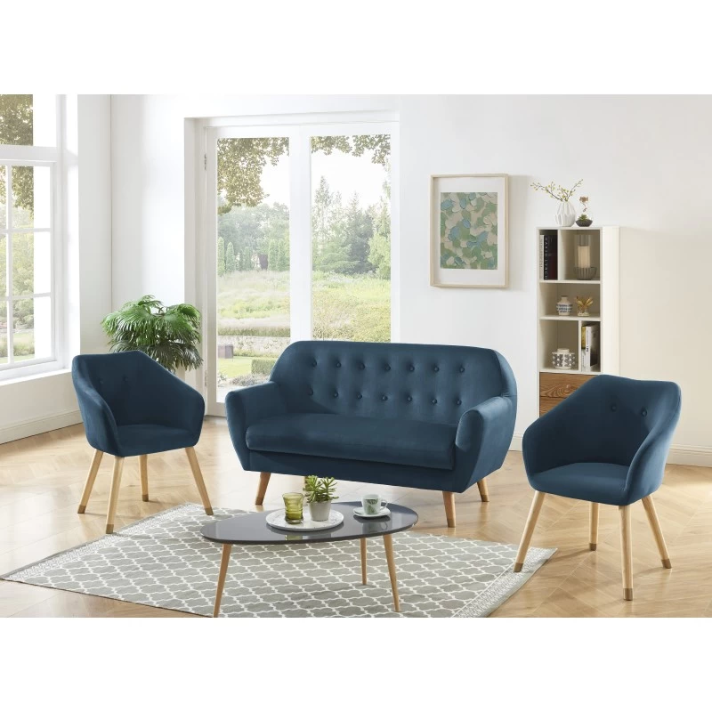 Ensemble HILDA En Velours Bleu Avec Piètement Bois Et Doré 1 Canapé Et 2 Fauteuils 5 Ensemble HILDA En Velours Bleu Avec Piètement Bois Et Doré 1 Canapé Et 2 Fauteuils – Image 5