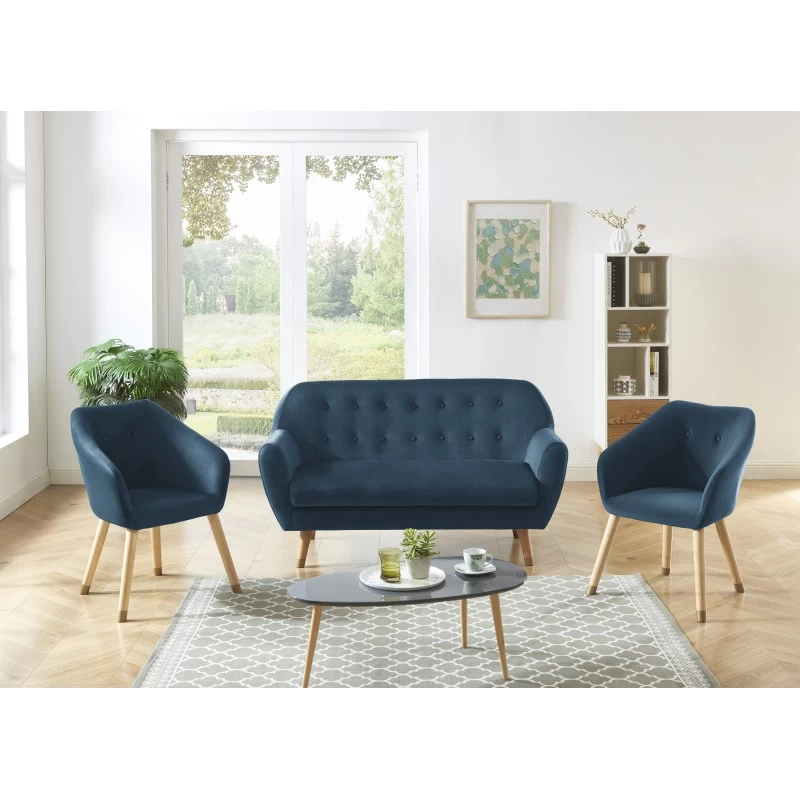 Ensemble HILDA En Velours Bleu Avec Piètement Bois Et Doré 1 Canapé Et 2 Fauteuils 1 Ensemble HILDA En Velours Bleu Avec Piètement Bois Et Doré 1 Canapé Et 2 Fauteuils