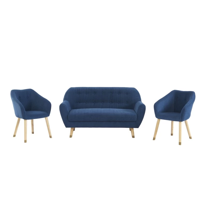 Ensemble HILDA En Velours Côtelé Bleu Avec Piètement Bois Et Doré 1 Canapé Et 2 Fauteuils 2 Ensemble HILDA En Velours Côtelé Bleu Avec Piètement Bois Et Doré 1 Canapé Et 2 Fauteuils – Image 2