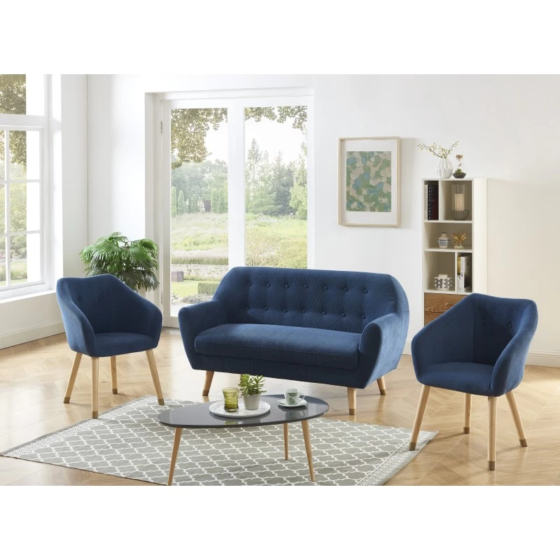 Ensemble HILDA En Velours Côtelé Bleu Avec Piètement Bois Et Doré 1 Canapé Et 2 Fauteuils 5 Ensemble HILDA En Velours Côtelé Bleu Avec Piètement Bois Et Doré 1 Canapé Et 2 Fauteuils – Image 5