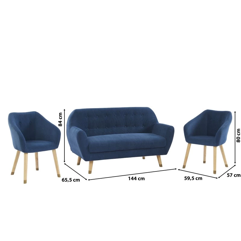 Ensemble HILDA En Velours Côtelé Bleu Avec Piètement Bois Et Doré 1 Canapé Et 2 Fauteuils 6 Ensemble HILDA En Velours Côtelé Bleu Avec Piètement Bois Et Doré 1 Canapé Et 2 Fauteuils – Image 6
