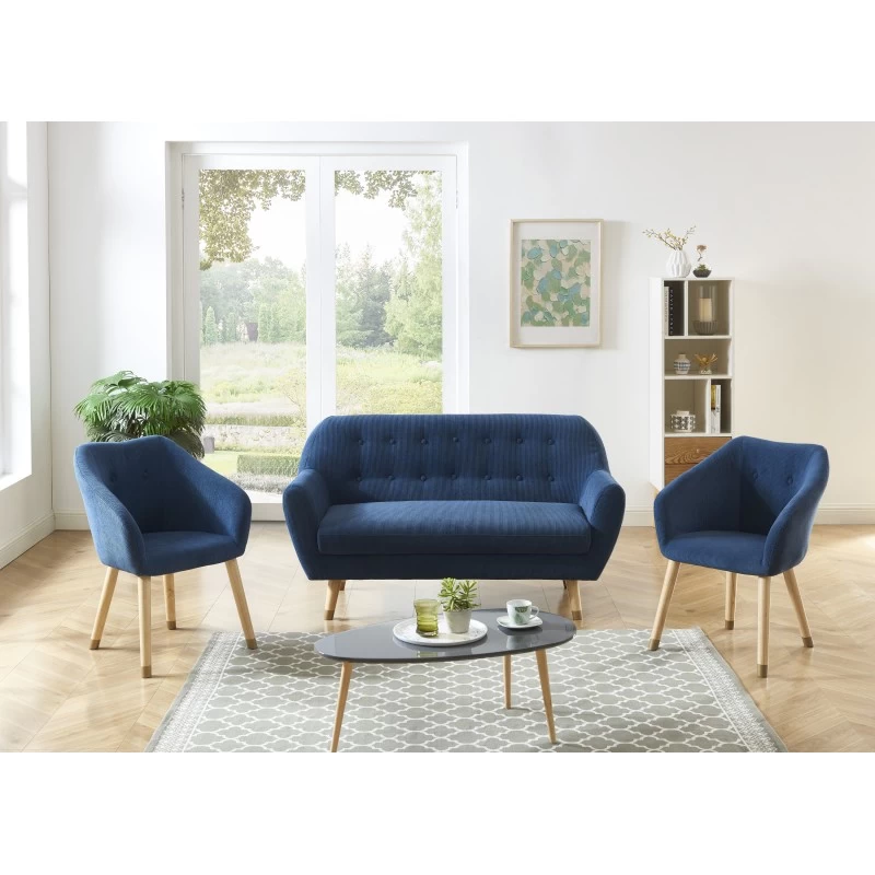 Ensemble HILDA En Velours Côtelé Bleu Avec Piètement Bois Et Doré 1 Canapé Et 2 Fauteuils 1 Ensemble HILDA En Velours Côtelé Bleu Avec Piètement Bois Et Doré 1 Canapé Et 2 Fauteuils