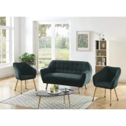 Ensemble HILDA En Velours Côtelé Vert Avec Piètement Bois Et Doré 1 Canapé Et 2 Fauteuils -Meuble Déco Soldes ensemble hilda en velours cotele vert pieds dore 1 canape et 2 fauteuils 4