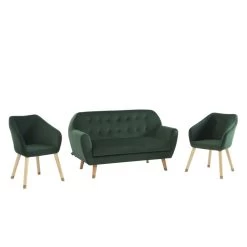 Ensemble HILDA En Velours Vert Avec Piètement Bois Et Doré 1 Canapé Et 2 Fauteuils -Meuble Déco Soldes ensemble hilda en velours vert pieds bois dore 1 canape et 2 fauteuils 2