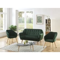 Ensemble HILDA En Velours Vert Avec Piètement Bois Et Doré 1 Canapé Et 2 Fauteuils -Meuble Déco Soldes ensemble hilda en velours vert pieds bois dore 1 canape et 2 fauteuils 4