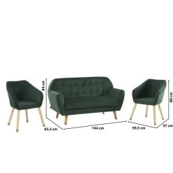 Ensemble HILDA En Velours Vert Avec Piètement Bois Et Doré 1 Canapé Et 2 Fauteuils -Meuble Déco Soldes ensemble hilda en velours vert pieds bois dore 1 canape et 2 fauteuils 5
