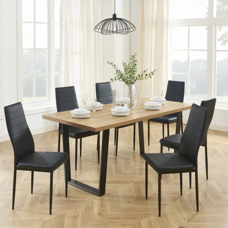 Ensemble Repas FELIX Effet Chêne Et PU Noir 6 Chaises 1 Ensemble Repas FELIX Effet Chêne Et PU Noir 6 Chaises