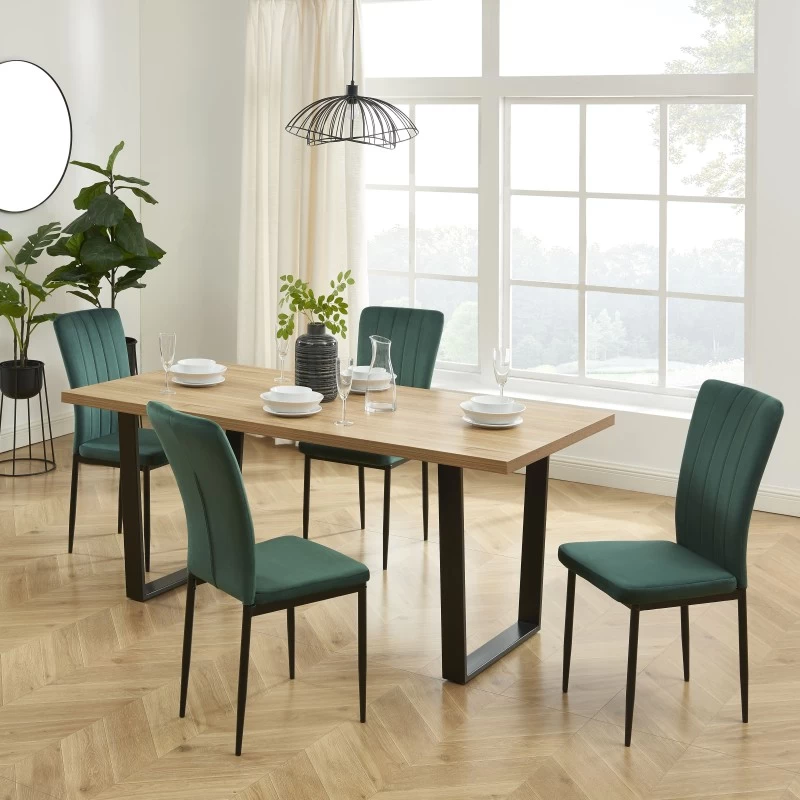 Ensemble Repas FELIX Effet Chêne Et Velours Vert 4 Chaises 1 Ensemble Repas FELIX Effet Chêne Et Velours Vert 4 Chaises