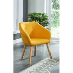 Fauteuil HILDA En Tissu Jaune Avec Pieds En Bois