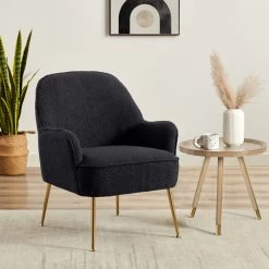 Meuble Déco Soldes 17 Fauteuil MARCELINO En Tissu Bouclette Anthracite Avec Piètement Doré