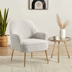 Meuble Déco Soldes 21 Fauteuil MARCELINO En Tissu Bouclette Blanc Avec Piètement Doré