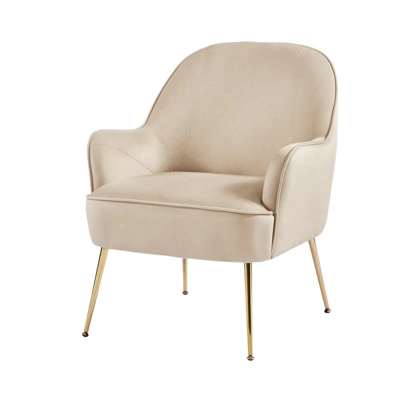 Fauteuil MARCELINO En Velours Beige Avec Piètement Doré 2 Fauteuil MARCELINO En Velours Beige Avec Piètement Doré – Image 2