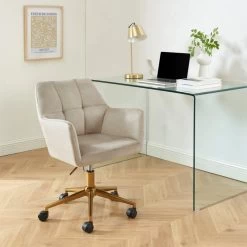 Fauteuil De Bureau MONACO En Velours Beige Avec Pieds Dorés