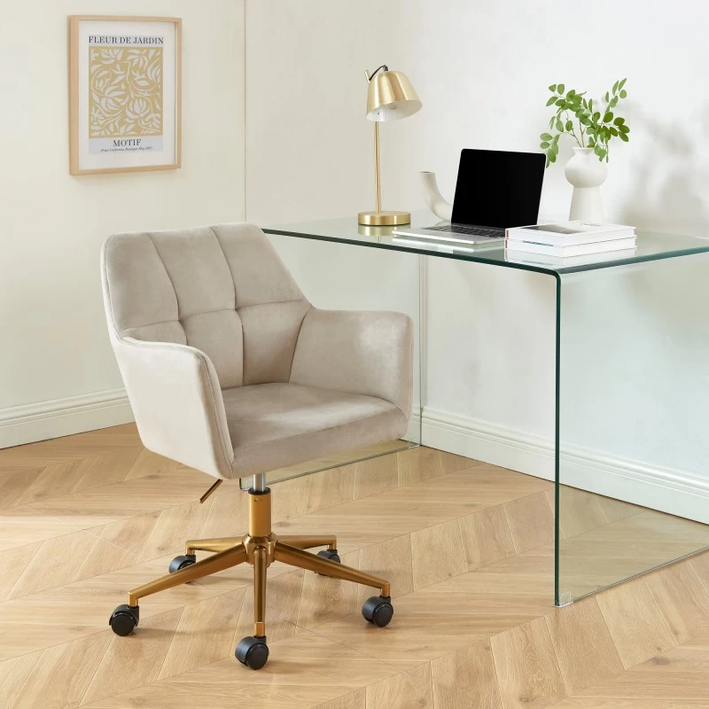 Fauteuil De Bureau MONACO En Velours Beige Avec Pieds Dorés 1 Fauteuil De Bureau MONACO En Velours Beige Avec Pieds Dorés