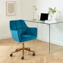 Fauteuil De Bureau MONACO En Velours Bleu Avec Pieds Dorés