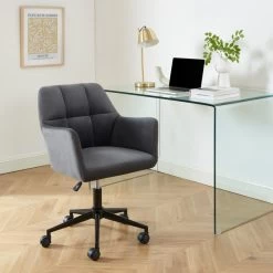 Meuble Déco Soldes 5 Fauteuil De Bureau MONACO En Velours Gris Anthracite Avec Pieds Noirs