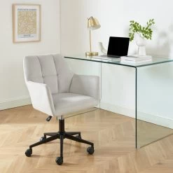 Fauteuil De Bureau MONACO En Velours Gris Perle Avec Pieds Noirs