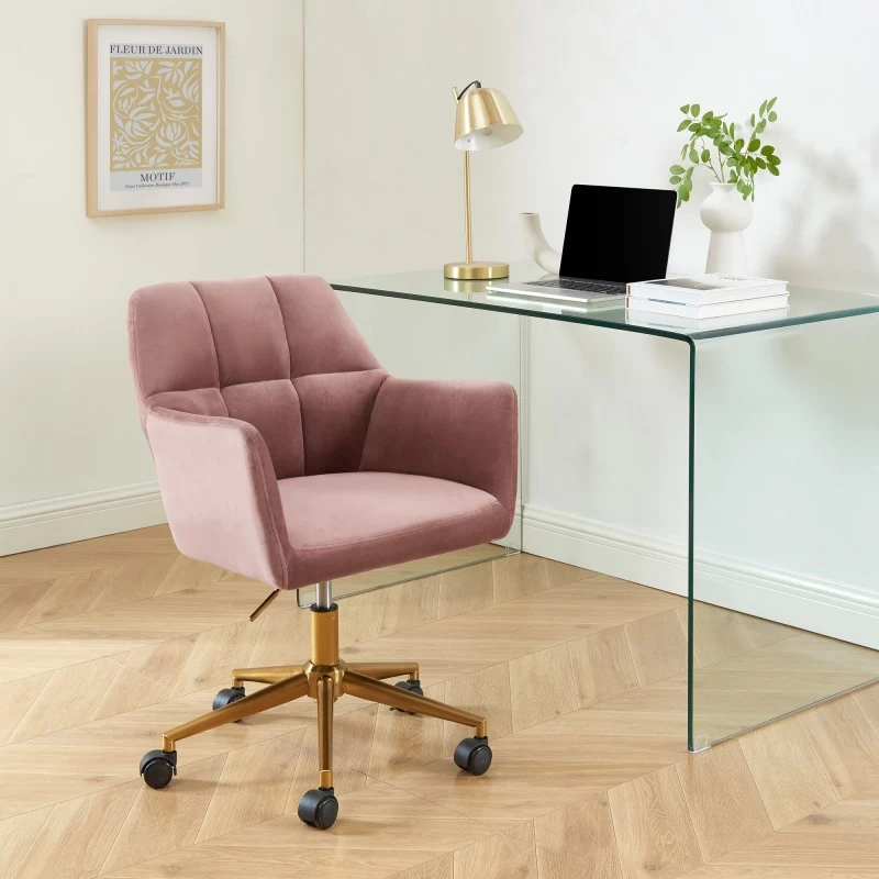 Fauteuil De Bureau MONACO En Velours Rose Avec Pieds Dorés 1 Fauteuil De Bureau MONACO En Velours Rose Avec Pieds Dorés