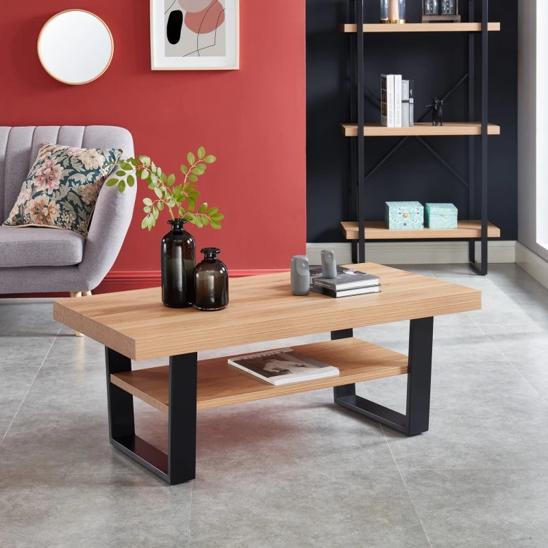 Table Basse FELIX Effet Chêne Et Métal Noir Double Plateau 1 Table Basse FELIX Effet Chêne Et Métal Noir Double Plateau