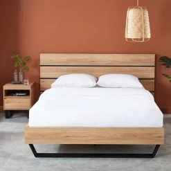 Lit FELIX Effet Chêne Et Métal Noir 160x200 Sommier Inclus -Meuble Déco Soldes felix11 lit 200 cm pieds en metal melamine 1