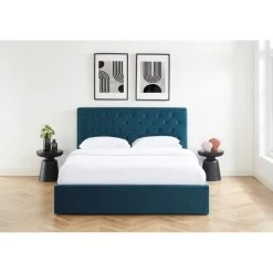 Lit Double Avec Coffre HUBERT Velours Bleu Paon 160x200 Sommier Inclus