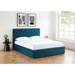 Lit Double Avec Coffre HUBERT Velours Bleu Paon 160x200 Sommier Inclus -Meuble Déco Soldes hubertco160bu lit coffre velours bleu capitonne sommier et tete de lit 160x200 3