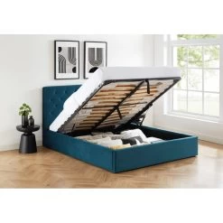 Lit Double Avec Coffre HUBERT Velours Bleu Paon 160x200 Sommier Inclus -Meuble Déco Soldes hubertco160bu lit coffre velours bleu capitonne sommier et tete de lit 160x200 4