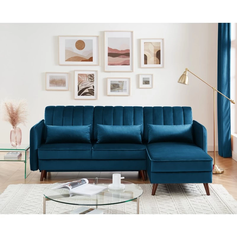 Canapé D'angle IDAHO En Velours Bleu Convertible 1 Canapé D'angle IDAHO En Velours Bleu Convertible