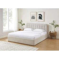 Lit Coffre ANDRE Velours Beige Sable 180x200 Sommier Inclus -Meuble Déco Soldes lit coffre andre velours beige sable 180x200 sommier inclus 1