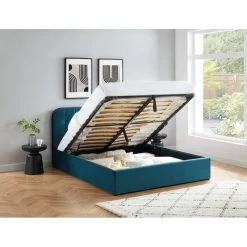 Lit Coffre ANDRE Velours Bleu Paon Sommier 160x200 Inclus -Meuble Déco Soldes lit coffre andre velours bleu paon 160x200 cm 2
