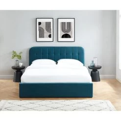 Lit Coffre ANDRE Velours Bleu Paon Sommier 160x200 Inclus