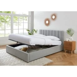 Lit Coffre MARIUS Tissu Gris Perle 160x200 Sommier Inclus -Meuble Déco Soldes lit coffre marius velours gris perle 160x200 sommier inclus 2