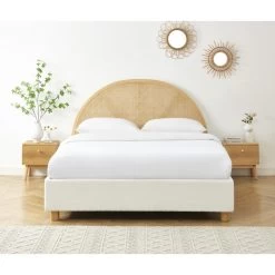 Lit Coffre TSUKI 160x200 Tissu Bouclette écru Et Cannage Rotin