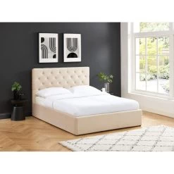 Lit Double Avec Coffre HUBERT Velours Beige 140x190 Sommier Inclus -Meuble Déco Soldes lit double avec coffre hubert velours beige 140x190 sommier inclus 1