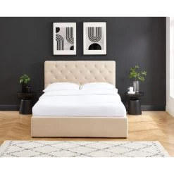 Lit Double Avec Coffre HUBERT Velours Beige 140x190 Sommier Inclus