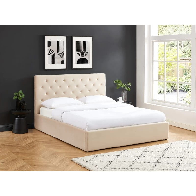 Lit Double Avec Coffre HUBERT Velours Beige 160x200 Sommier Inclus 3 Lit Double Avec Coffre HUBERT Velours Beige 160x200 Sommier Inclus – Image 3