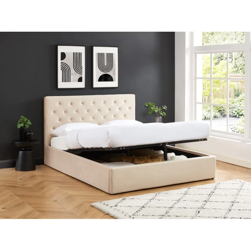 Lit Double Avec Coffre HUBERT Velours Beige 160x200 Sommier Inclus 4 Lit Double Avec Coffre HUBERT Velours Beige 160x200 Sommier Inclus – Image 4