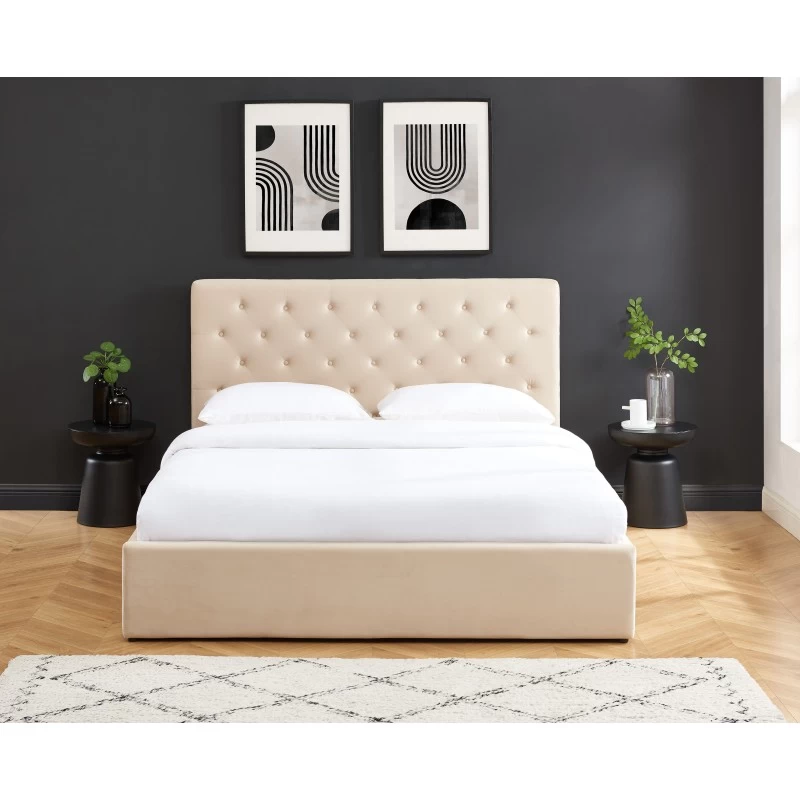 Lit Double Avec Coffre HUBERT Velours Beige 160x200 Sommier Inclus 1 Lit Double Avec Coffre HUBERT Velours Beige 160x200 Sommier Inclus
