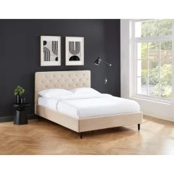 Lit Double HUBERT Velours Beige Sommier 140x190 Cm Inclus -Meuble Déco Soldes lit double hubert velours beige sommier 140x190 cm inclus 1