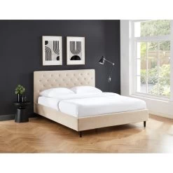 Lit Double HUBERT Velours Beige Sommier 160x200 Cm Inclus -Meuble Déco Soldes lit double hubert velours beige sommier 160x200 cm inclus 1