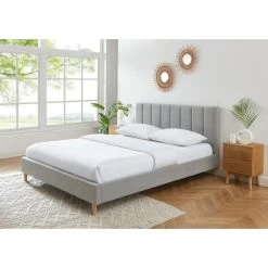 Lit Double MARIUS Tissu Gris Perle 160x200 Sommier Inclus -Meuble Déco Soldes lit double marius velours gris perle 160x200 sommier inclus 1